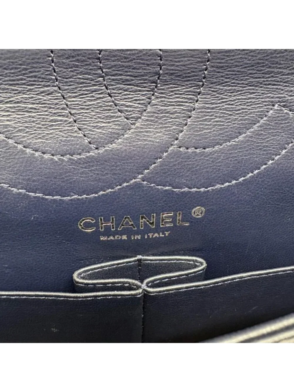Chanel 2.55 Large Flap Shoulder Bag Aged Calfskin Navy Silver Mademoiselle Lock